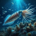 a squid swimming underwater at night Royalty Free Stock Photo