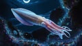 a squid swimming underwater at night Royalty Free Stock Photo