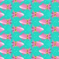 The cute pink squid in the water, children`s seamless vector texture