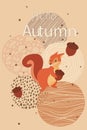 Squirrel with acorn. Autumn season card. Funny forest animal and oak nuts. Paintbrush circles collage. Hello fall. Wild Royalty Free Stock Photo