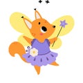 Squirrel Animal Fairy in Pretty Dress with Magic Wand and Wings Vector Illustration