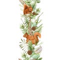 Squirrel animal winter seamless border. Watercolor illustration. Seamless festive decor element. Woodland couple red Royalty Free Stock Photo