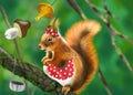 Squirrel with an apron on a tree.