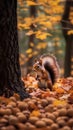 Squirrel in autumn forest with acorns and chestnuts on ground