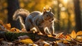 Eastern Gray Squirrel Portrait on Forest Floor in Autumn Sun, Close-Up Royalty Free Stock Photo