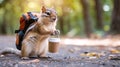 A squirrel with a backpack holding coffee cup and drinking from it, AI Royalty Free Stock Photo