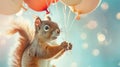 Squirrel with balloons flying in the sky, fantasy and whimsy concept