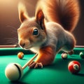 Squirrel with billiard stick playing fun billiard Royalty Free Stock Photo