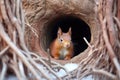 squirrel burying nuts in a tree hole for winter