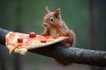 squirrel carrying a whole slice of pizza on a tree branch