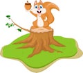 Squirrel cartoon holding nut on tree stump Royalty Free Stock Photo