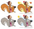 Squirrel Cartoon Mascot Character Running With Acorn. Collection