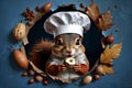 squirrel in a chef's hat cleaning nuts, isolated on a blue background Royalty Free Stock Photo