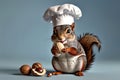 squirrel in a chef's hat cleaning nuts, isolated on a blue background Royalty Free Stock Photo