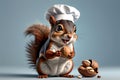 squirrel in a chef's hat cleaning nuts, isolated on a blue background Royalty Free Stock Photo