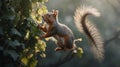 Adorable Red Squirrel Hanging on Ivy Branch Royalty Free Stock Photo
