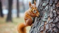 A squirrel climbing up a tree trunk in the woods, AI Royalty Free Stock Photo
