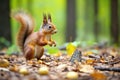 a squirrel collecting nuts in the forest