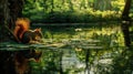 A Squirrel Contemplating Its Reflection by a Serene Lake Surrounded by Lush Greenery Under a Gentle Sunlit Canopy of Trees in Royalty Free Stock Photo