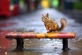 squirrel curiously approaching wet painted bench Royalty Free Stock Photo
