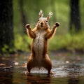 squirrel dancing in rain with rainy forest background