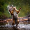 squirrel dancing in rain with rainy forest background