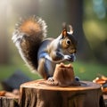 A squirrel DJ scratching acorns on a tree stump turntable2 Royalty Free Stock Photo