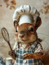 A squirrel dressed as a chef holding a whisk. Royalty Free Stock Photo
