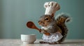 A squirrel dressed as a chef holding a wooden spoon. Royalty Free Stock Photo