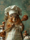 Squirrel dressed as a chef holding a wooden spoon. Royalty Free Stock Photo