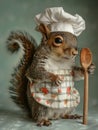 Squirrel dressed as a chef holding a wooden spoon. Royalty Free Stock Photo