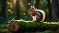 Cute Squirrel Eating Nuts on Mossy Log in a Sunny Forest Setting Royalty Free Stock Photo
