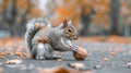 Squirrel Eating Nut in Pile of Leaves Royalty Free Stock Photo