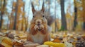 Squirrel Eating Nut in Pile of Leaves Royalty Free Stock Photo