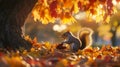 Squirrel Eating Nuts in Autumn Leaves Underneath Tree Royalty Free Stock Photo