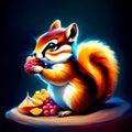 Squirrel eating a piece of fruit on a black background. Digital painting. AI Generated