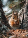A squirrel is eating pine nuts under a tree. Generative AI. Royalty Free Stock Photo