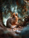 A squirrel is eating pine nuts under a tree. Generative AI. Royalty Free Stock Photo