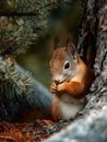 A squirrel is eating pine nuts under a tree. Generative AI. Royalty Free Stock Photo