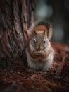 A squirrel is eating pine nuts under a tree. Generative AI. Royalty Free Stock Photo