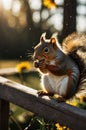 Red Squirrel Enjoying a Nut in the Golden Sunlight of Autumn Royalty Free Stock Photo