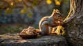 A Curious Squirrel Enjoying a Nut by a Plate of Cream Puffs in a Golden Light Royalty Free Stock Photo
