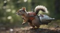 Squirrel equipped with a steampunk jetpack in a forest setting Royalty Free Stock Photo