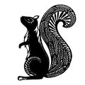 Squirrel With ethnic patterns, black silhouette on a white background.