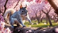 Adorable Squirrel Playing Amidst Falling Cherry Blossoms Royalty Free Stock Photo