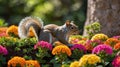 Adorable Grey Squirrel in Vibrant Flower Garden Royalty Free Stock Photo