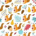 A squirrel with a fir cone and plants, leaves on a white background. Autumn vector seamless pattern in a flat style. Design of Royalty Free Stock Photo