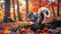 Squirrel Enjoying a Nut on a Mossy Log in Beautiful Autumn Forest Royalty Free Stock Photo