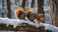 Alert Squirrel Enjoying a Winter Snack on a Snow-Covered Branch Royalty Free Stock Photo