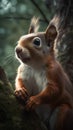 Squirrel in the forest. Portrait of a red squirrel.